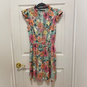 Floral dress, size large, fits size 8-12, high neck elastic neck and waist, EUC.